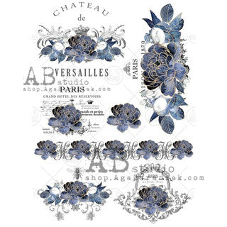 AB Studios Rice Paper A4 Blue Floral Parisian Labels