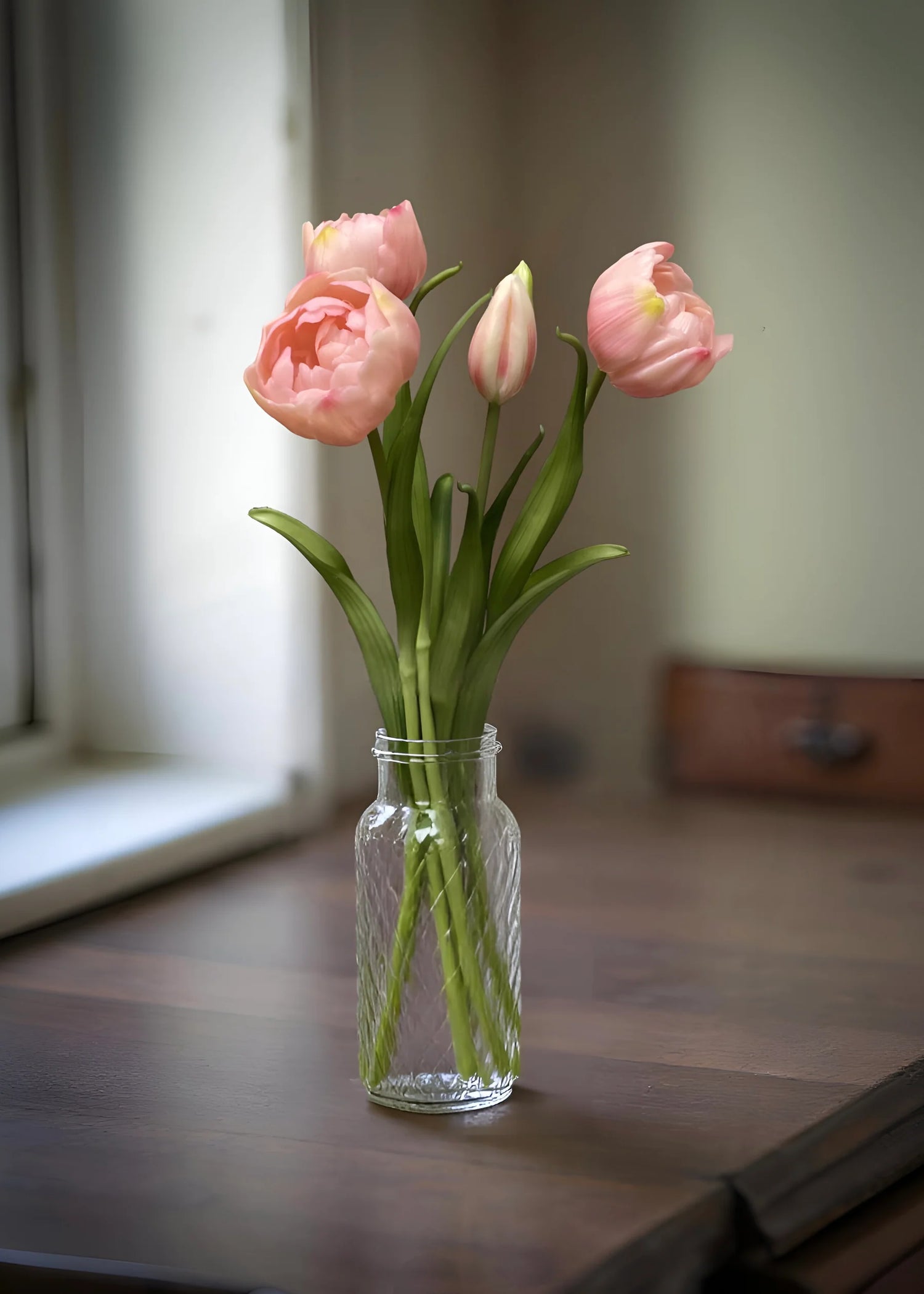 18" FRESH TOUCH PINK DOUBLE PEONY TULIP BUNDLE (3 FLOWERS AND 2 BUDS TO A BUNDLE)