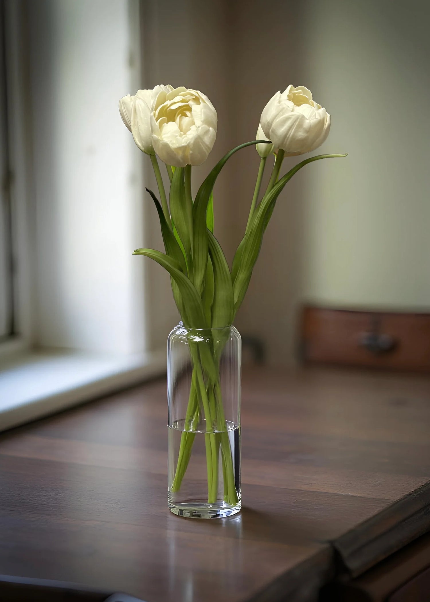 18" FRESH TOUCH WHITE DOUBLE PEONY TULIP BUNDLE (3 FLOWERS AND 2 BUDS TO A BUNDLE)