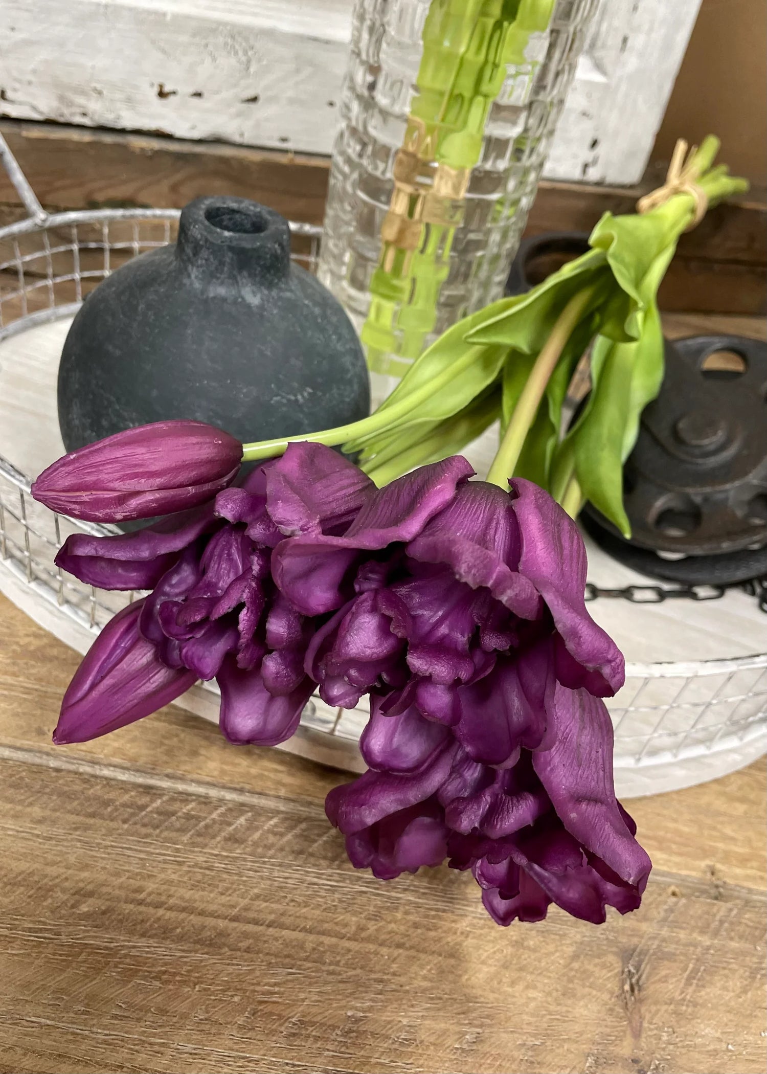 18" FRESH TOUCH RUFFLED PURPLE PARROT TULIP BUNDLE (3 FLOWERS & 2 BUDS TO A BUNDLE)