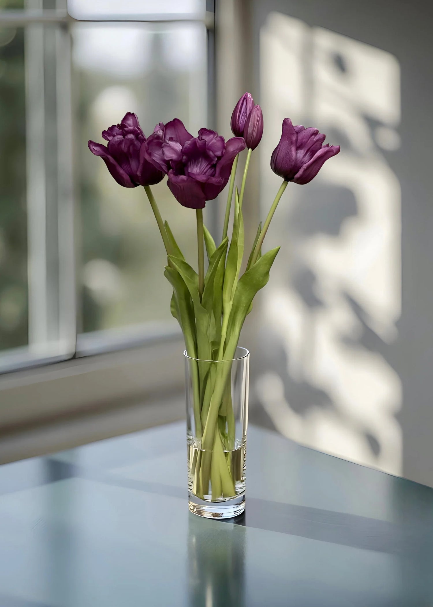 18" FRESH TOUCH RUFFLED PURPLE PARROT TULIP BUNDLE (3 FLOWERS & 2 BUDS TO A BUNDLE)