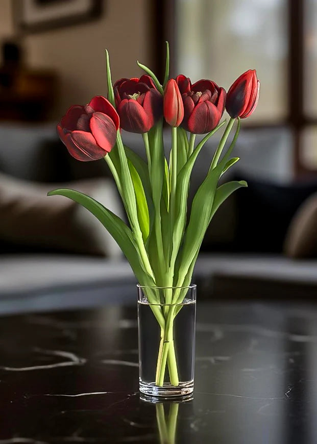 16.5" FRESH TOUCH RED DOUBLE LATE TULIP BUNDLE (3 FLOWERS & 2 BUDS TO A BUNDLE)