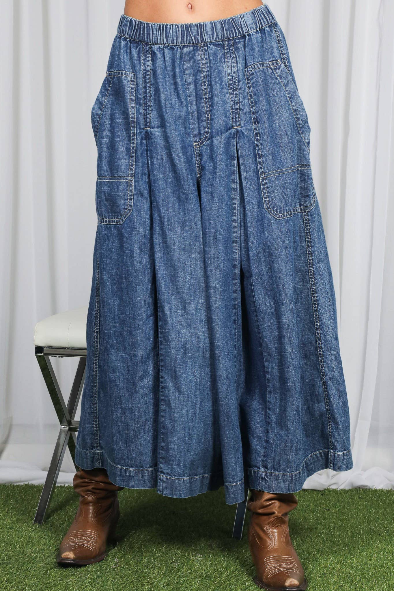 Pin-Tuck 100%Tencel Chambray Cropped Washed Pants / M