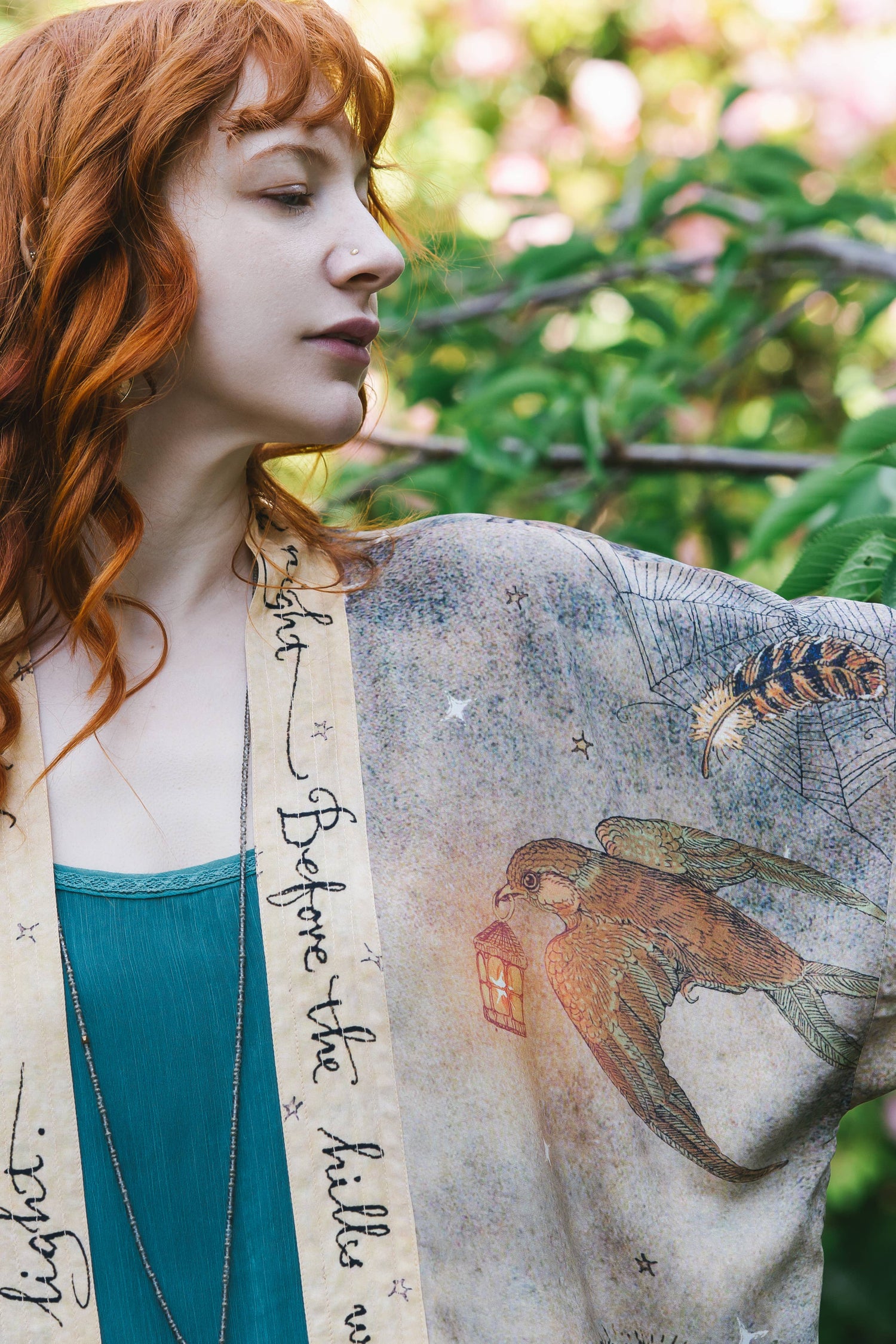 Lovelight Pixie Cropped Kimono w/ woodland swallow & stars