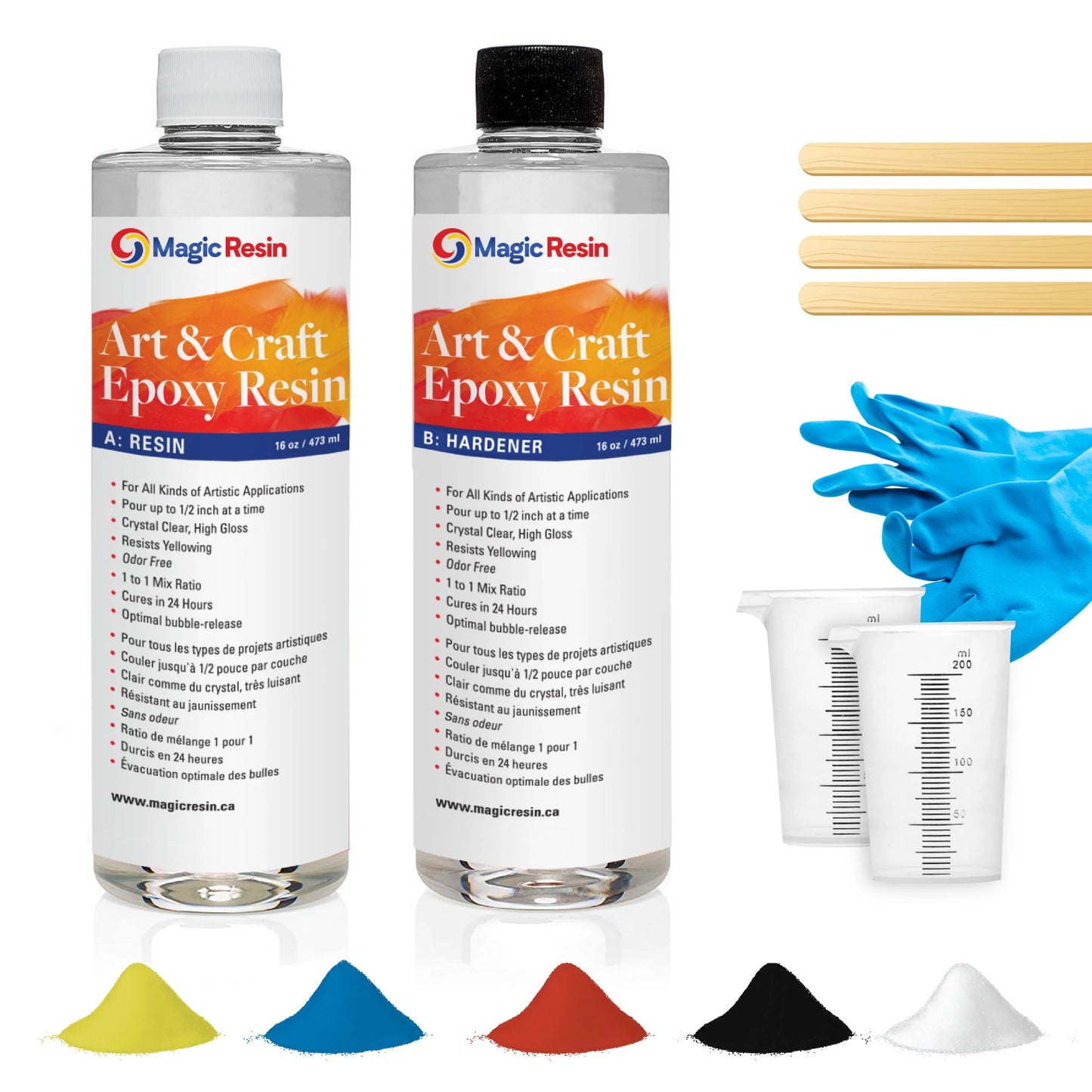 MAGIC CLEAR RESIN---32 Oz (946 ml) | Art & Craft Epoxy(CLEAR)Resin Kit | Includes 2 pairs of gloves, 2 cups, 4 sticks & 5 x 5g mica powder bags