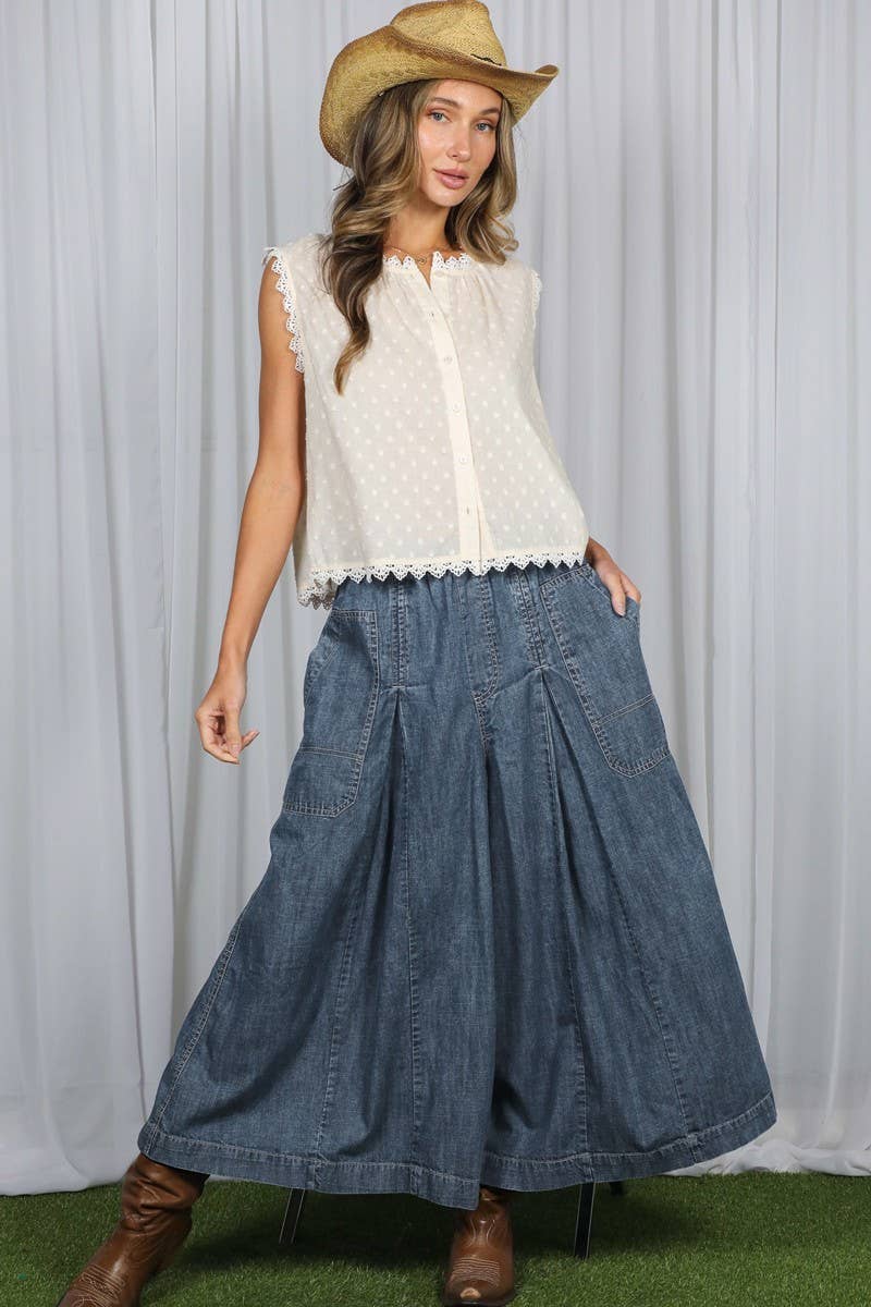 Pin-Tuck 100%Tencel Chambray Cropped Washed Pants / L