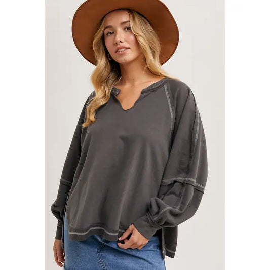 Terry Dolman Oversized Stitch Knit Top in ASH