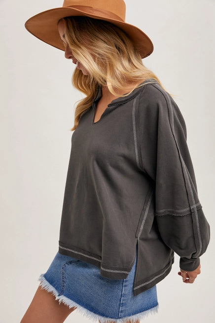 Terry Dolman Oversized Stitch Knit Top in ASH