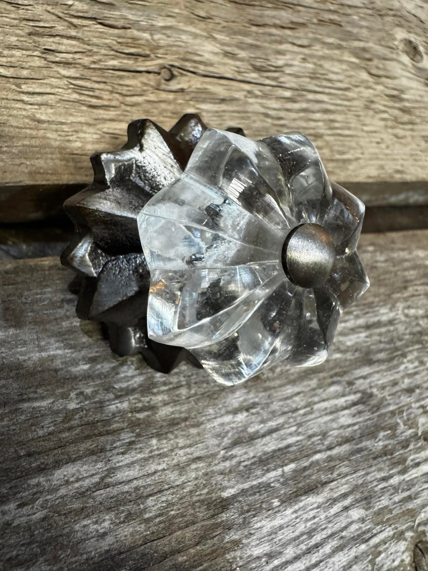 KNOB IRON BURNISHED SILVER & GLASS