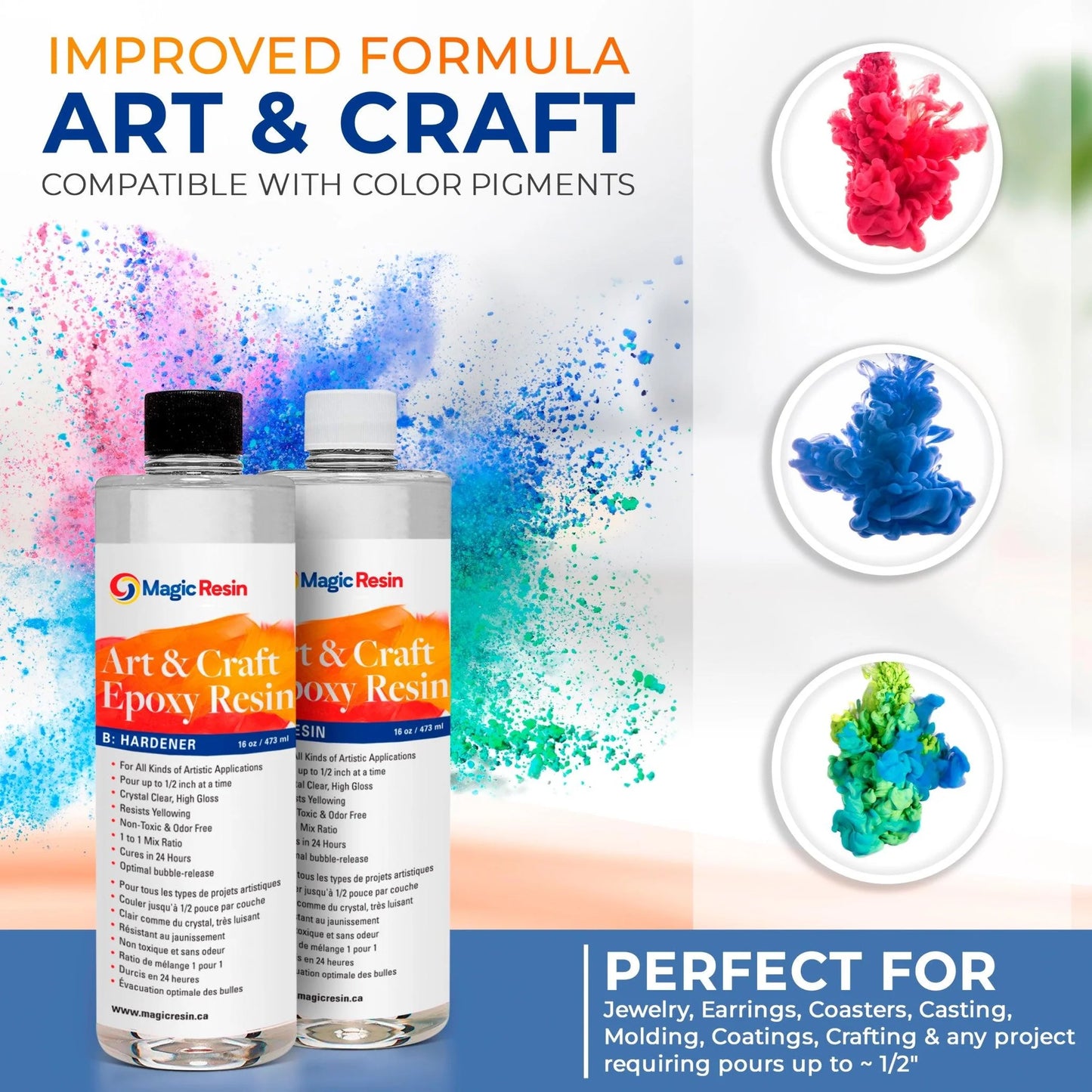 MAGIC CLEAR RESIN---32 Oz (946 ml) | Art & Craft Epoxy(CLEAR)Resin Kit | Includes 2 pairs of gloves, 2 cups, 4 sticks & 5 x 5g mica powder bags