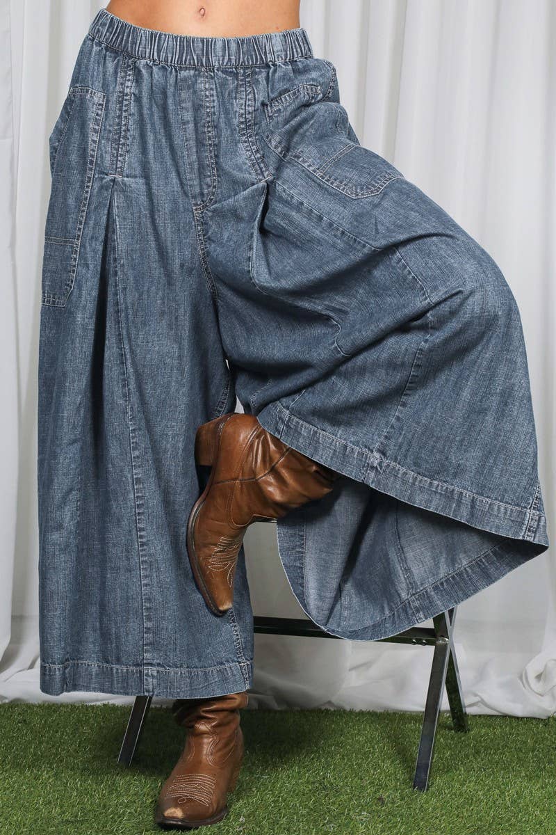 Pin-Tuck 100%Tencel Chambray Cropped Washed Pants / S