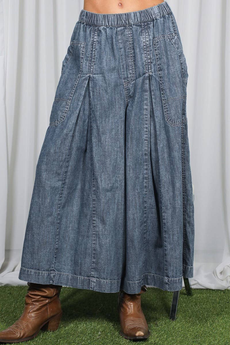 Pin-Tuck 100%Tencel Chambray Cropped Washed Pants / M