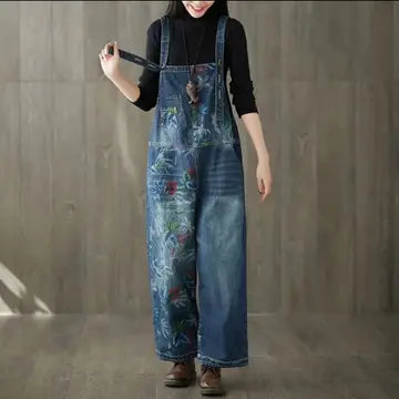 Luxury Floral Denim Overall Jeans