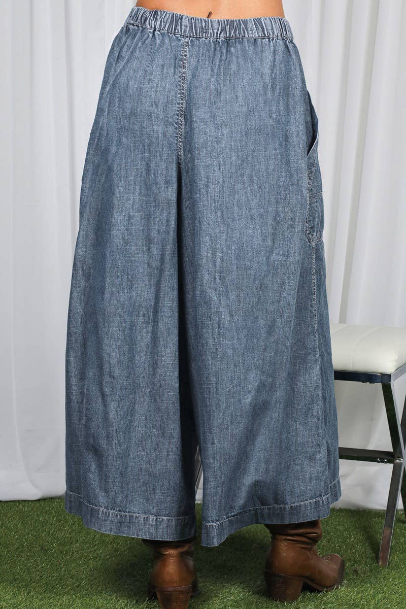Pin-Tuck 100%Tencel Chambray Cropped Washed Pants / M