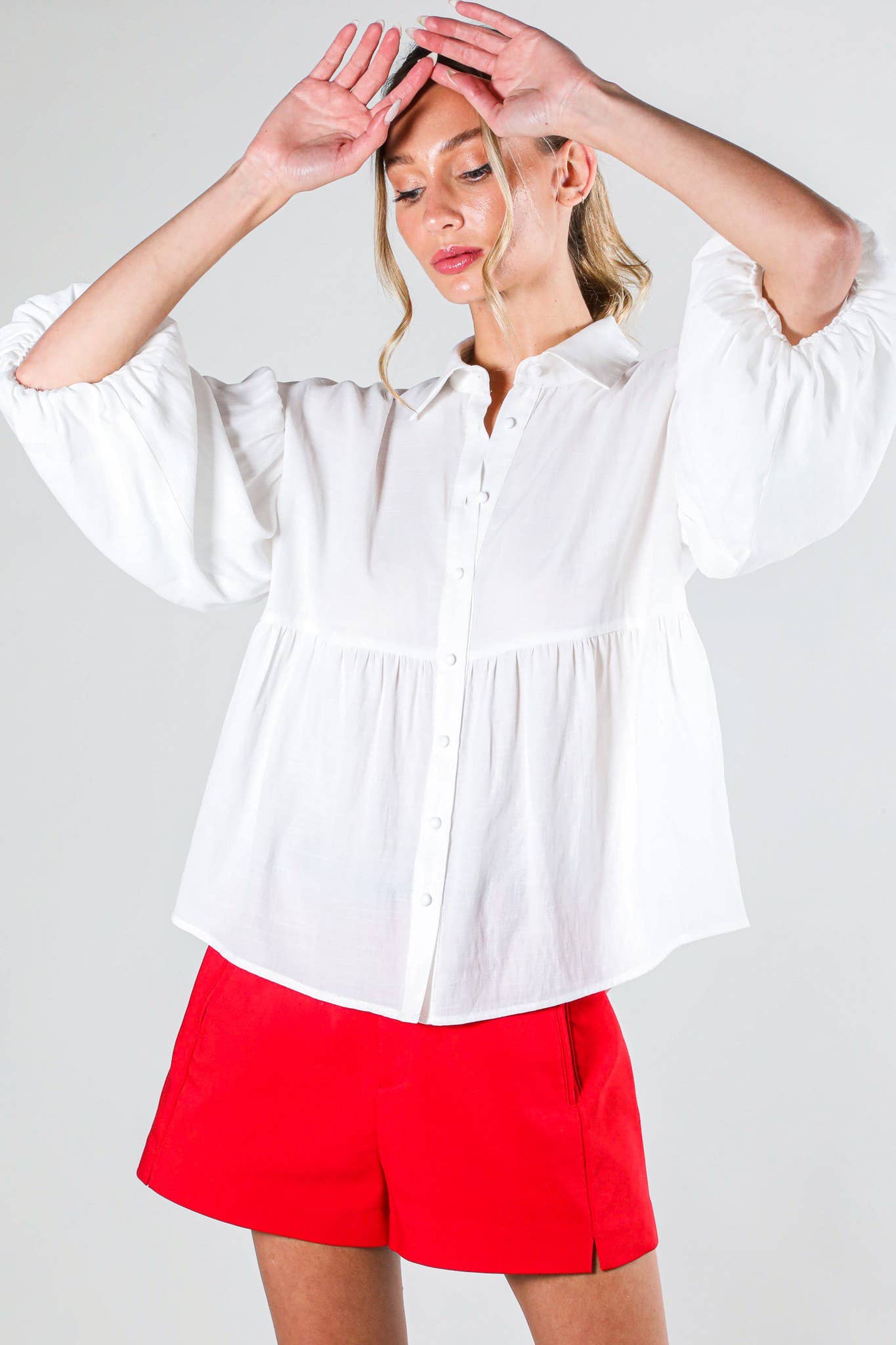 Balloon Sleeve Button-Up Casual Blouse Shirt VT31805: BLACK / M