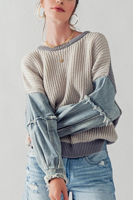 Denim Sleeve Drop Shoulder Two Tone Knit Sweater