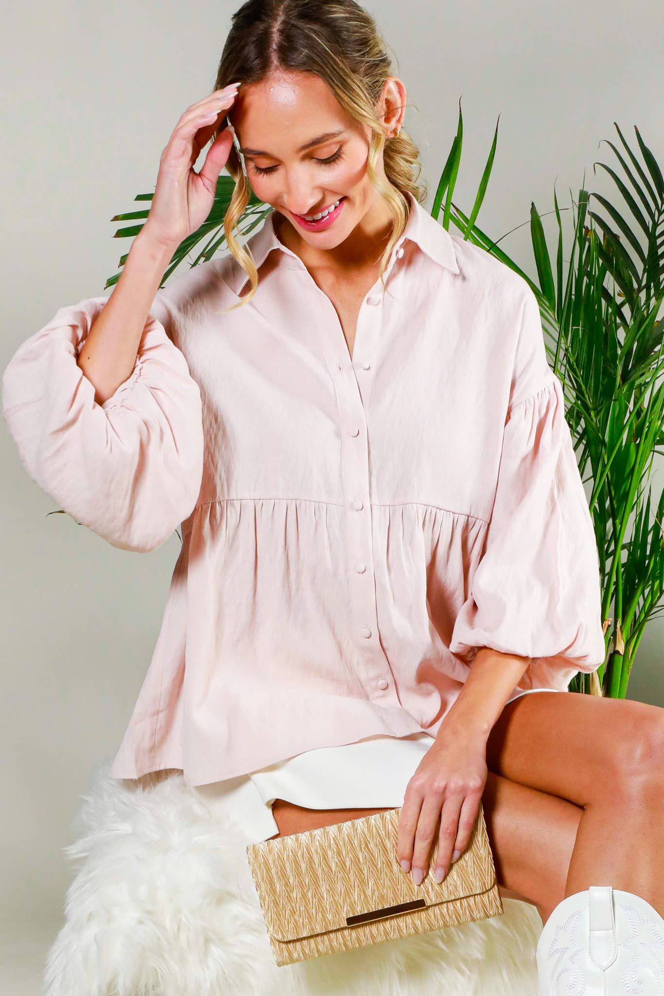Balloon Sleeve Button-Up Casual Blouse Shirt VT31805: BLACK / M