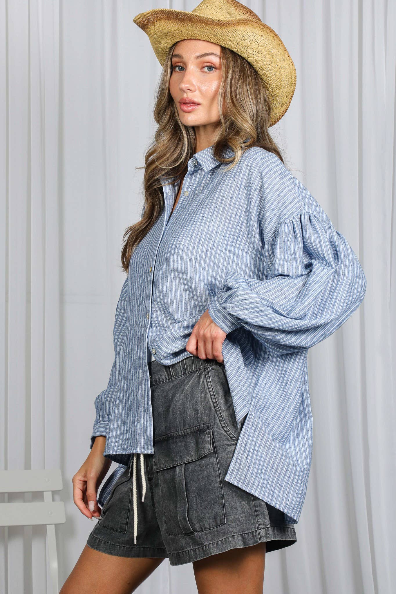 Stripe Print Long Balloon Sleeve Oversized Shirt VT83068: Taupe / L
