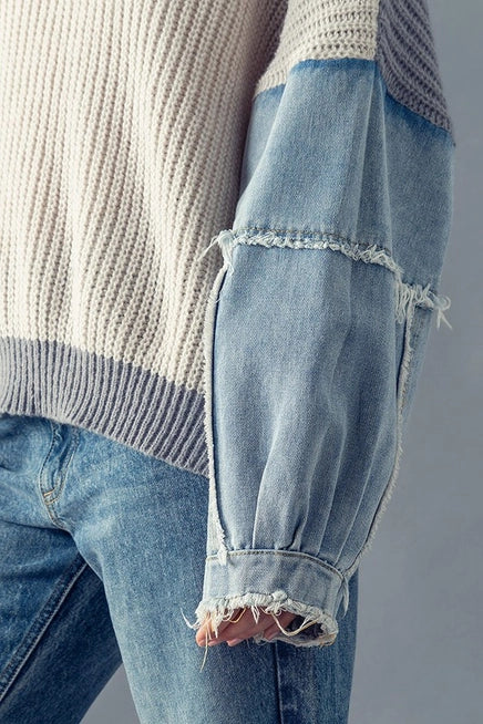 Denim Sleeve Drop Shoulder Two Tone Knit Sweater