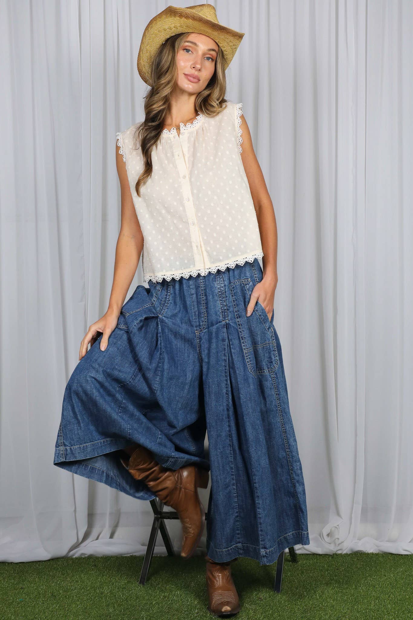 Pin-Tuck 100%Tencel Chambray Cropped Washed Pants / L