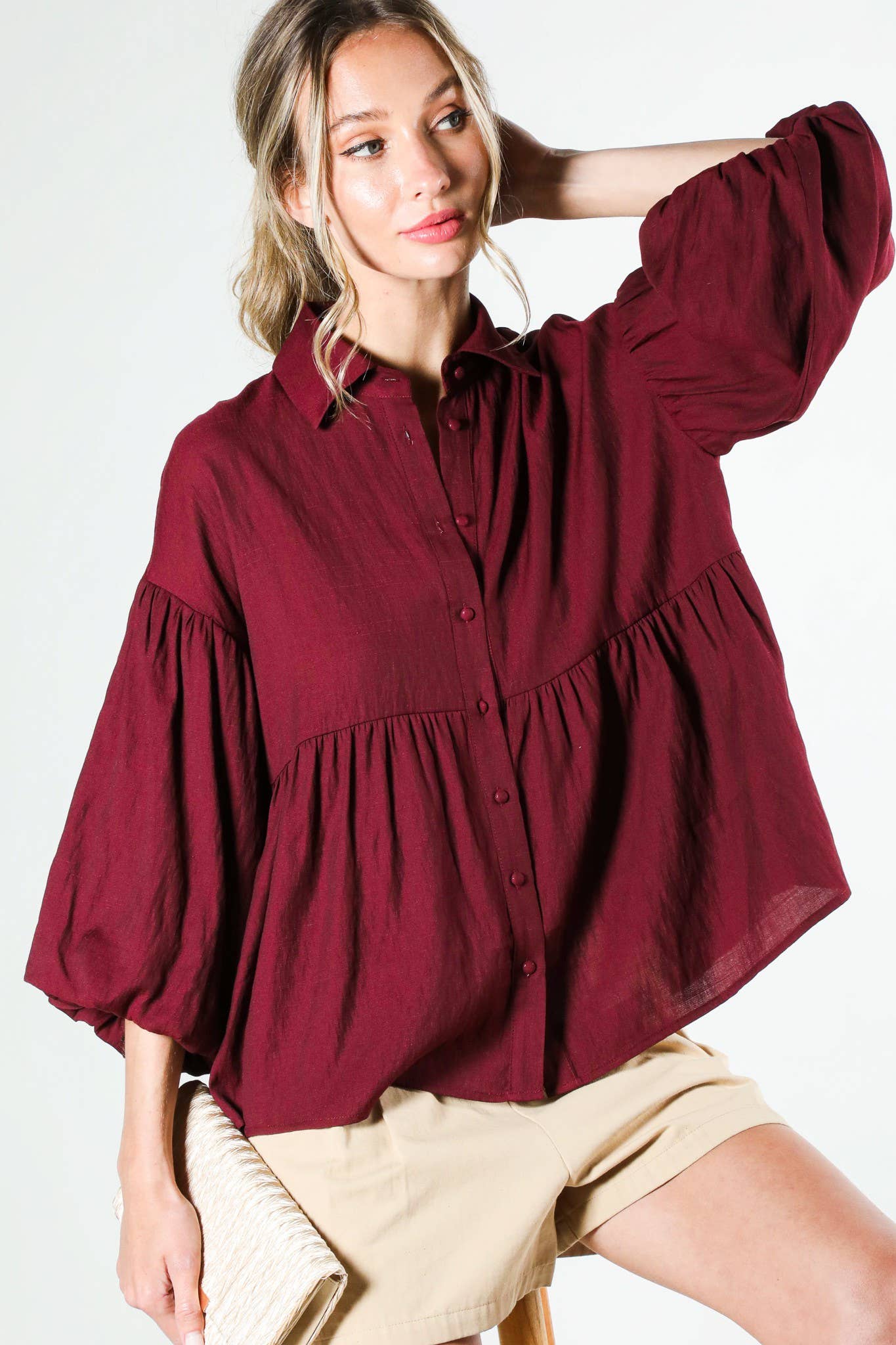 Balloon Sleeve Button-Up Casual Blouse Shirt VT31805: BLACK / M
