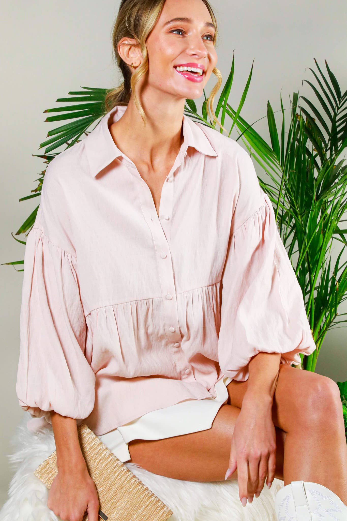 Balloon Sleeve Button-Up Casual Blouse Shirt VT31805: BLACK / M