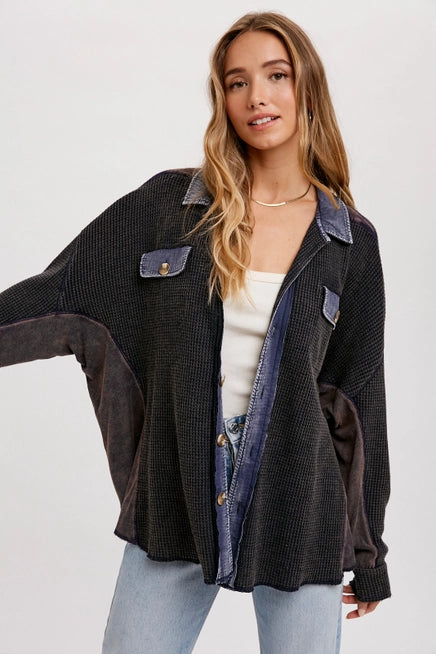 Slouchy Waffle Knit Jacket in NAVY