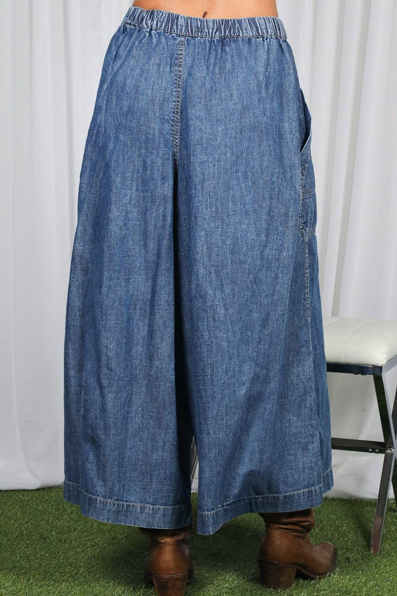 Pin-Tuck 100%Tencel Chambray Cropped Washed Pants / L