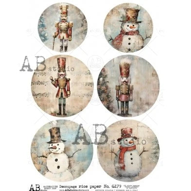 Vintage Nutcracker and Snowman Medallion Illustration Decoupage Paper – A4-6179