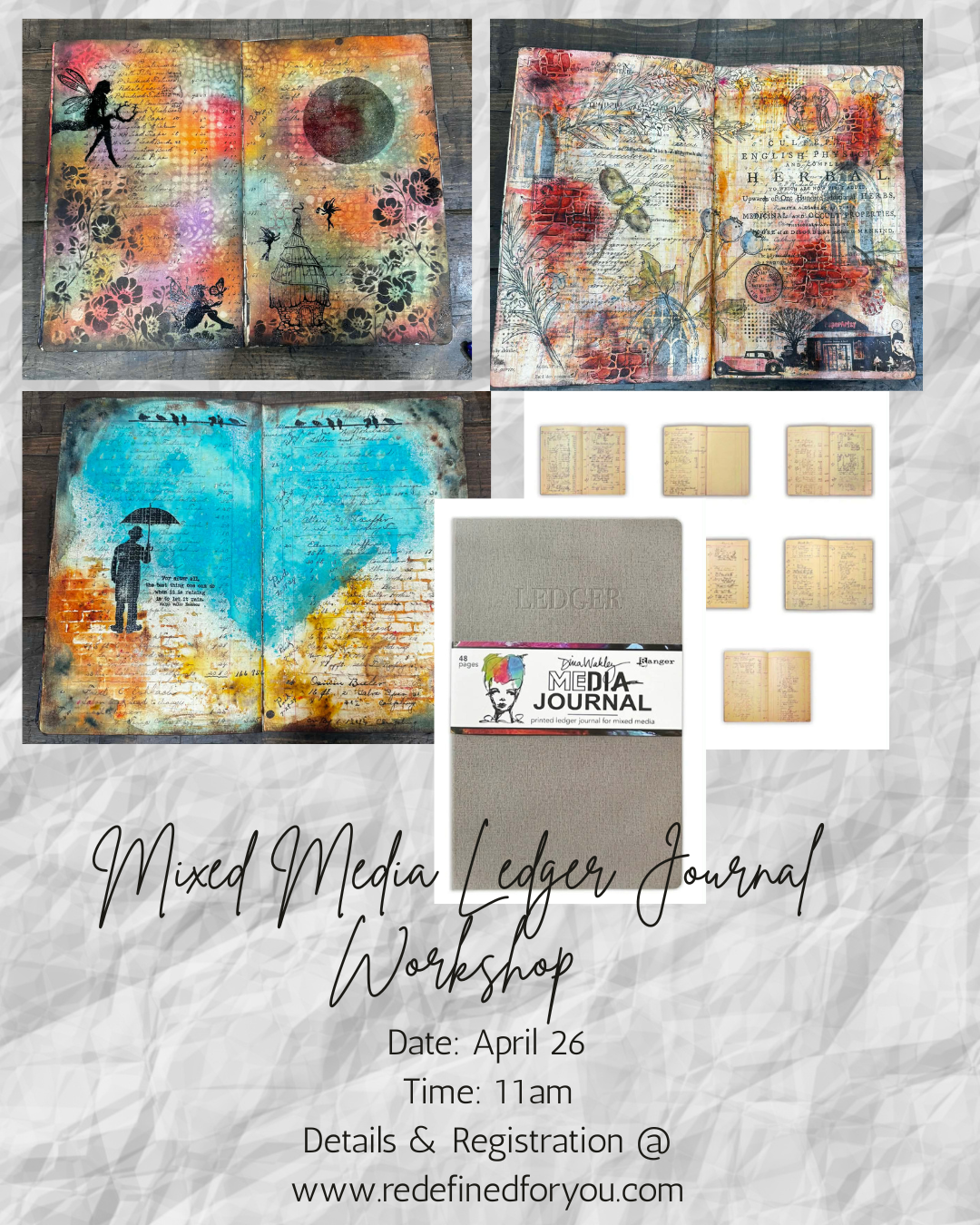 Workshop-Ledger Journal Mixed Media --April 26 @ 11AM (Read details in description)