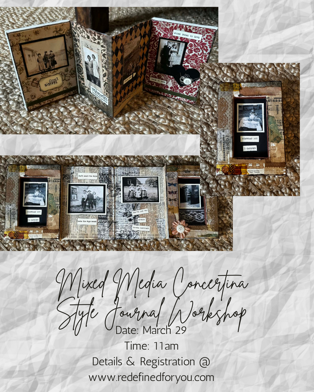 Workshop-Mixed Media Concertina Style Book--MARCH 29 @ 11AM (Read details in description)