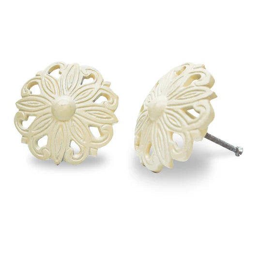 Ornate Flower Knob Cast Iron, Antique White