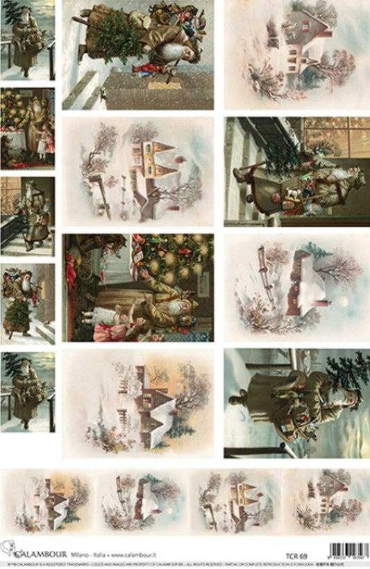 DECOUPAGE QUEEN-Calambour Vintage Santas and Snowy Houses Rice Paper A3 Plus
