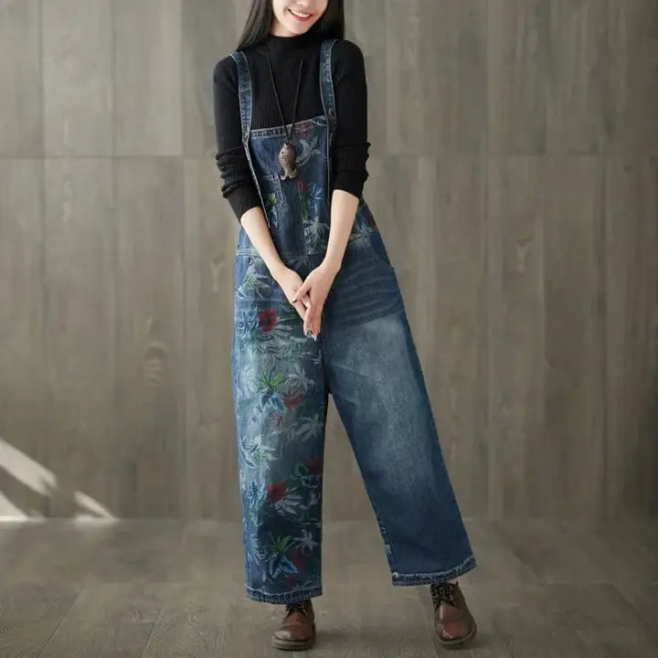 Luxury Floral Denim Overall Jeans