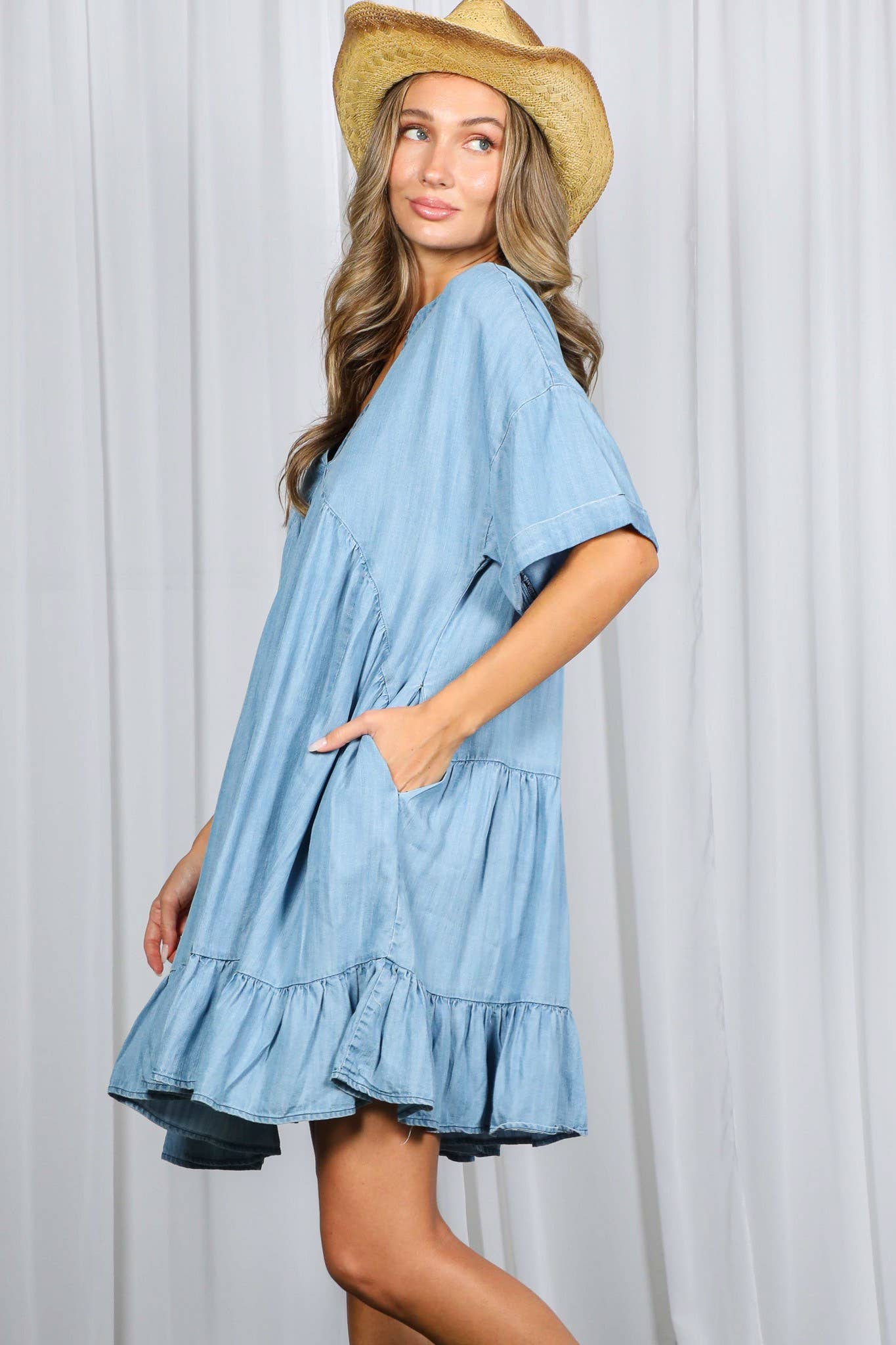 V-Neck 100%Tencel Chambray Tiered Dress VD81038A: Light Denim / L