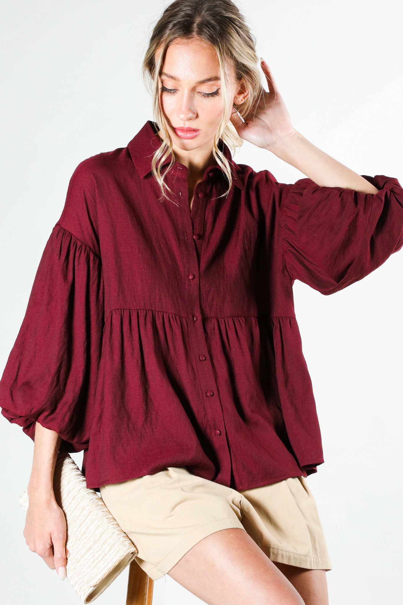 Balloon Sleeve Button-Up Casual Blouse Shirt VT31805: BLACK / M
