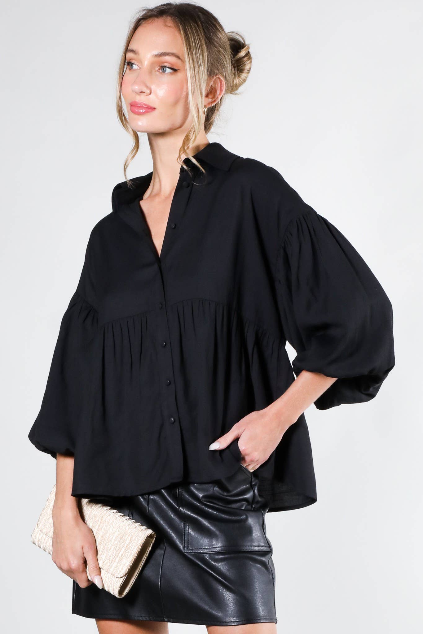 Balloon Sleeve Button-Up Casual Blouse Shirt VT31805: BLACK / L