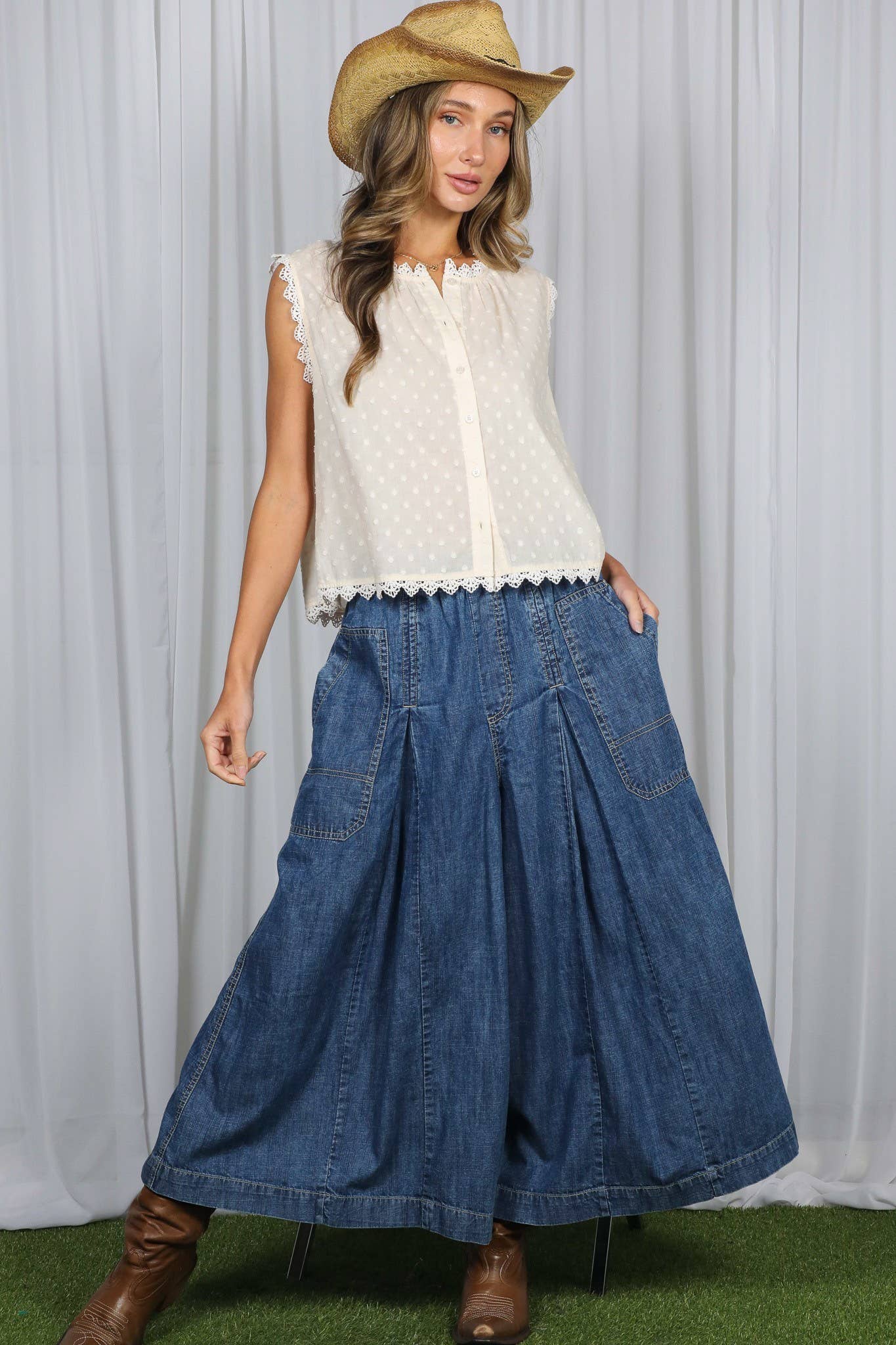 Pin-Tuck 100%Tencel Chambray Cropped Washed Pants / S