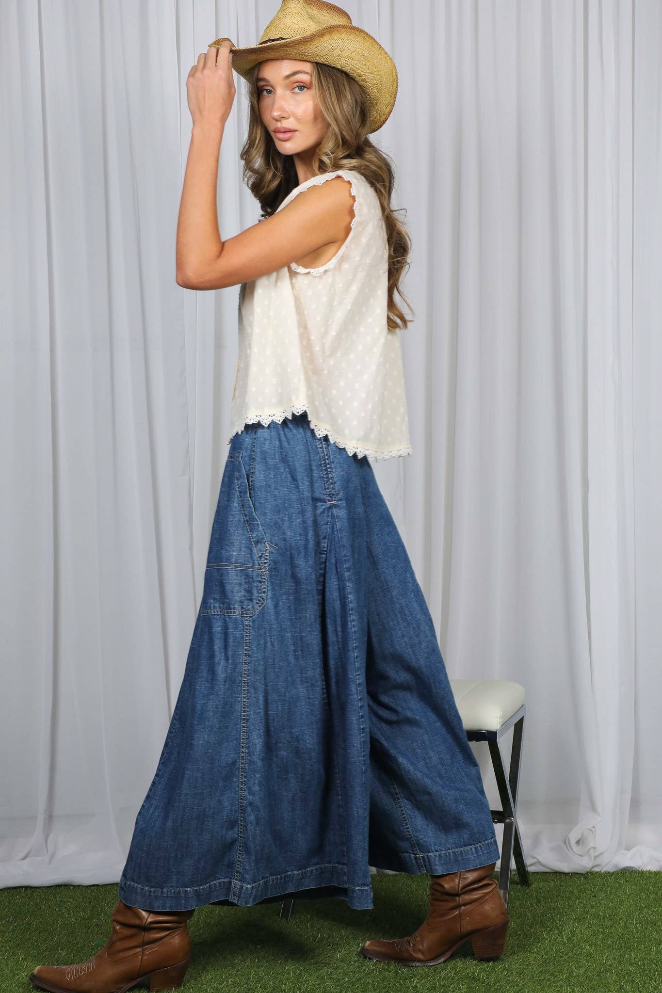 Pin-Tuck 100%Tencel Chambray Cropped Washed Pants / S