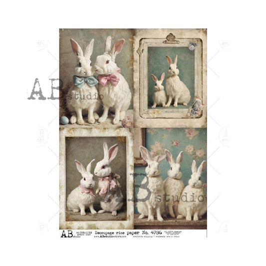AB Studio Framed Bunny Familes Shabby Chic Style A4 Rice Paper 4786