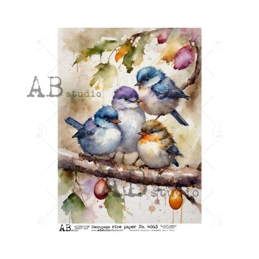 AB Studios Watercolor Birds on a Branch A4 Rice Paper 4863