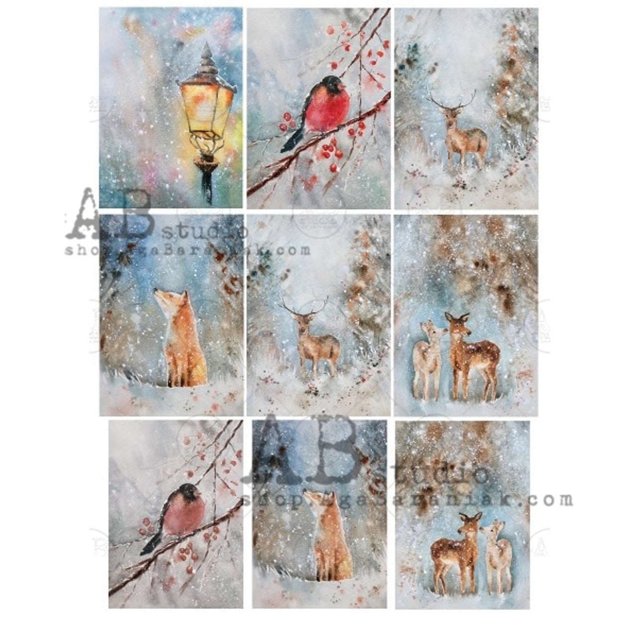 AB Studios 9 Small Scenes, Rustic Winter Animals Rice Paper A4 0455