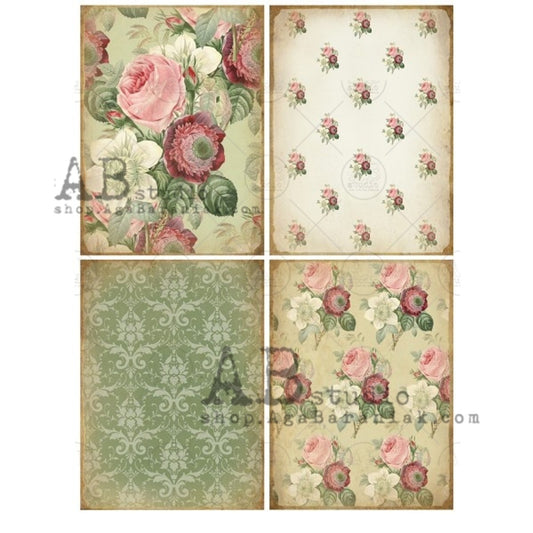 AB Studios Rice Paper A4 4 Vintage Rose Patterns #491