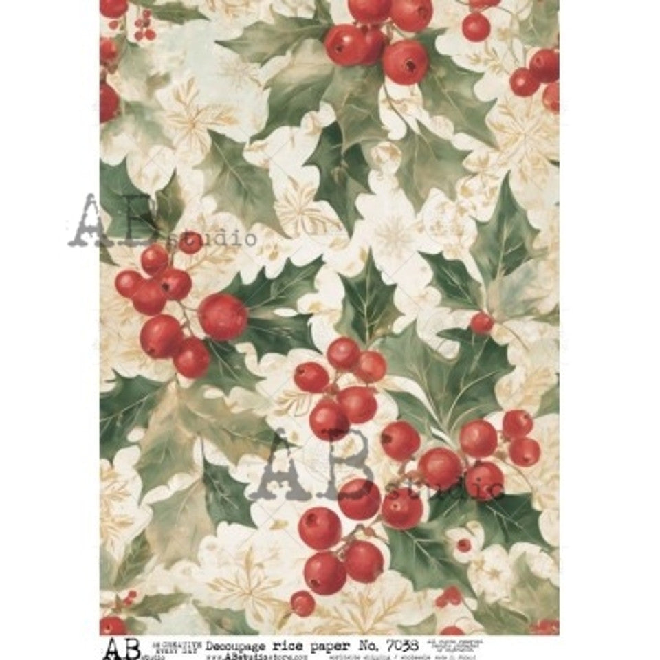 AB Studios Holly & Red Berries Christmas A4 Rice Paper 7038