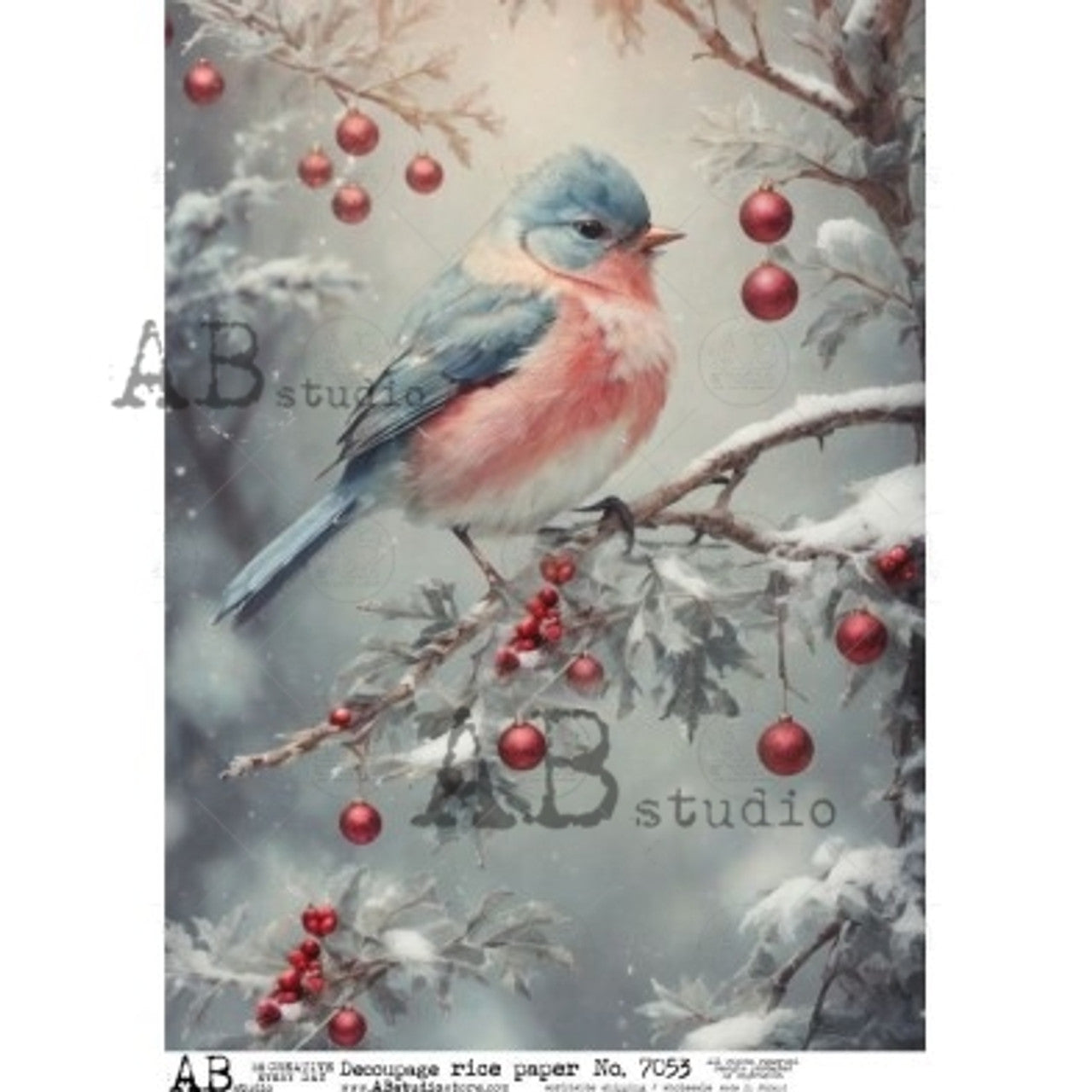 AB Studios Bluebird on Snowy Branch A4 Rice Paper 7053