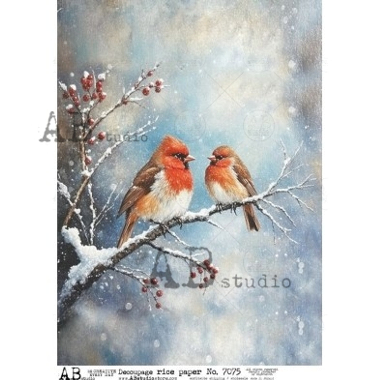 AB Studios Winter Robins on Snowy Branch A4 Rice Paper 7075
