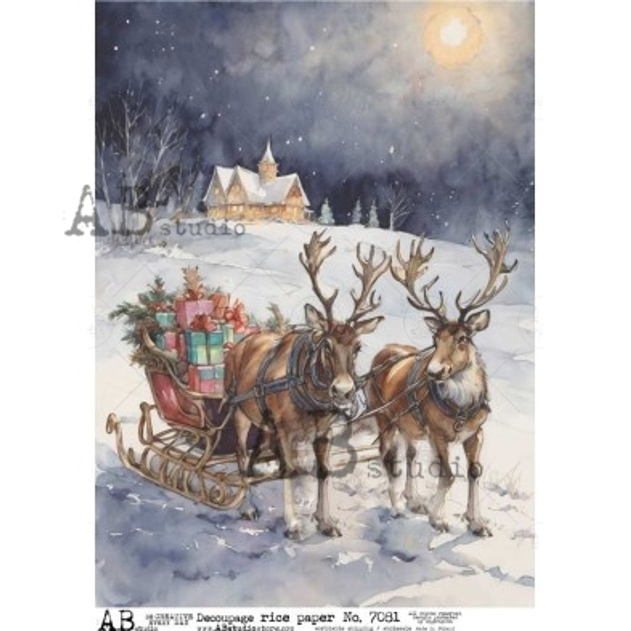AB Studios Reindeer Sleigh with Gifts A4 Rice Paper 7081