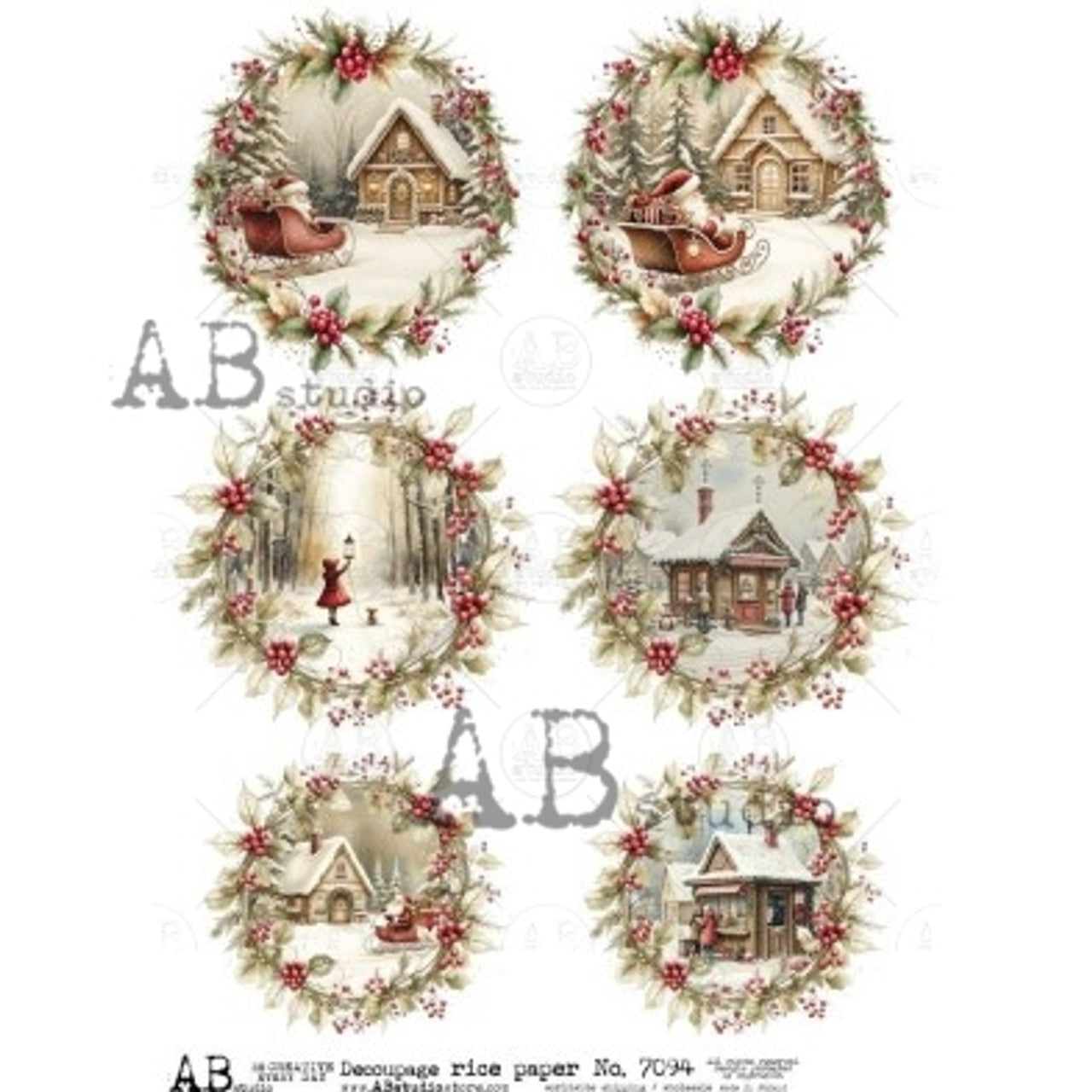 AB Studios Winter Village Scenes in Wreaths A4 Rice Paper 7094