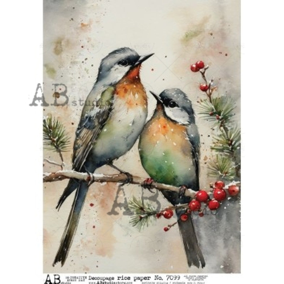 AB Studios Winter Birds on Branch A4 Rice Paper 7099