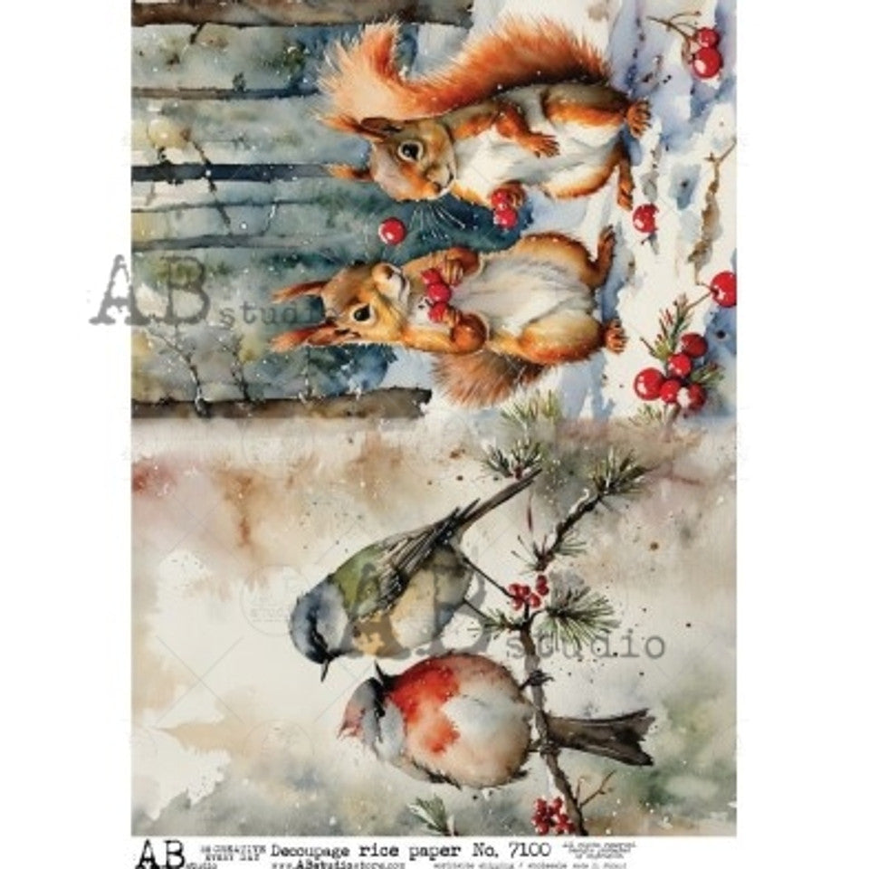 AB Studios Winter Squirrels & Birds A4 Rice Paper 7100